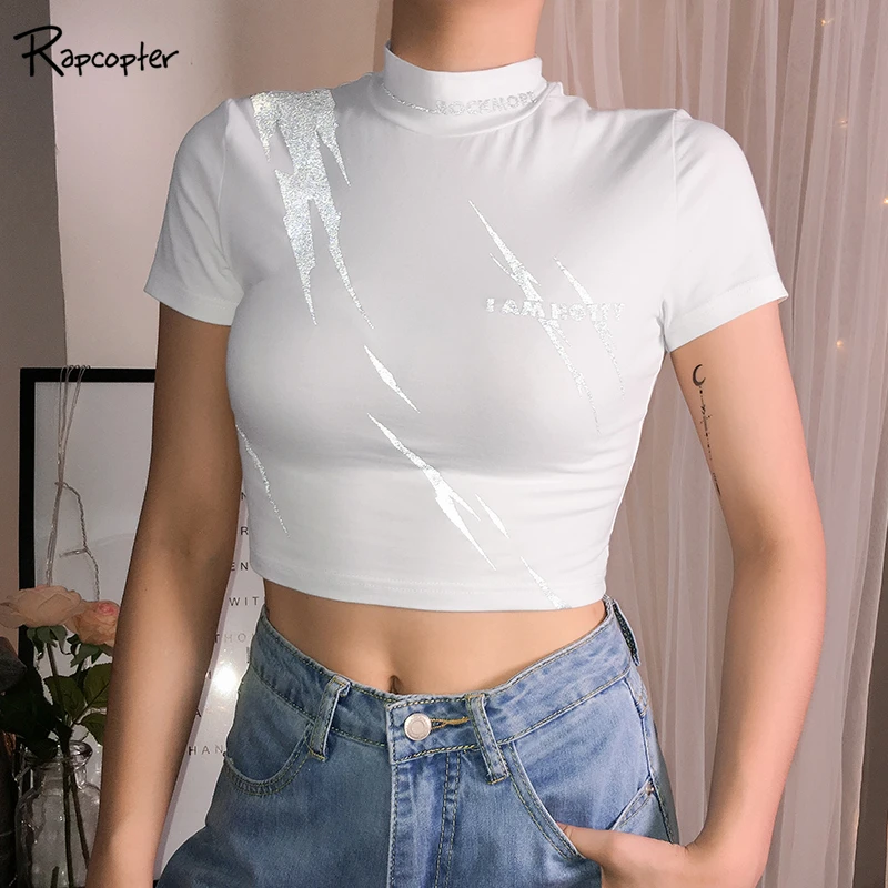 

Rapcopter Reflective Printed Short Sleeve Tshirts Casual Harajuku White Solid Fashion Women Crop T Shirt O-neck Tees shirts 2019