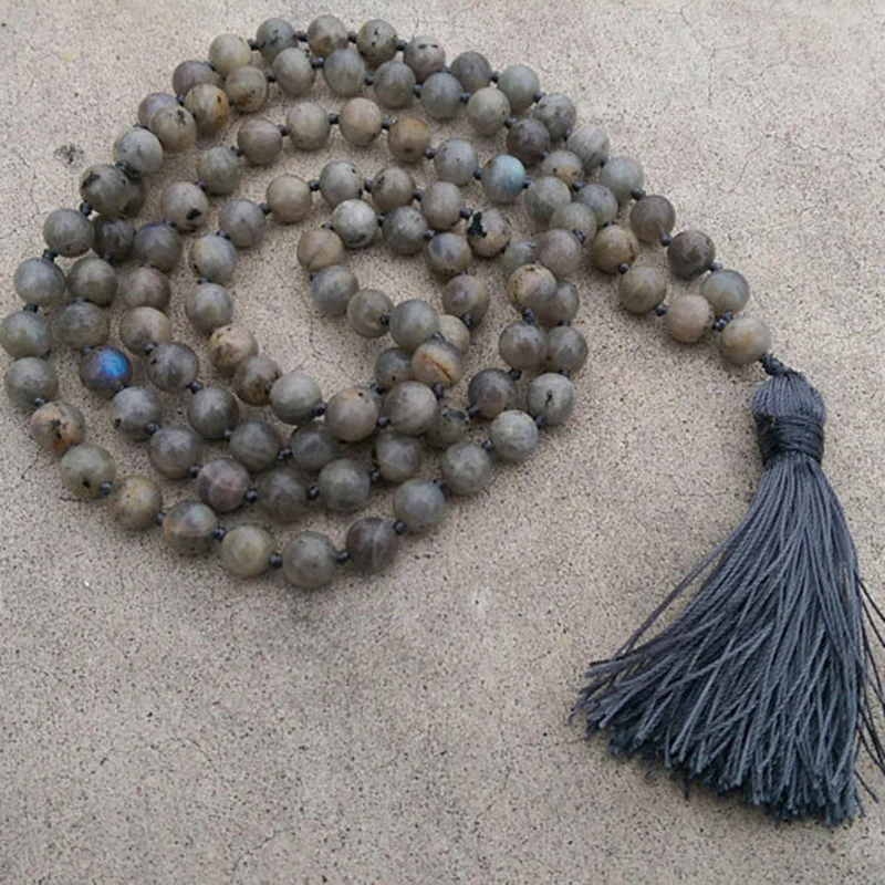 8 мм камня лабрадорита серый кисточкой традиционной ручной работы из 108 шарик Медитация Мала Цепочки и ожерелья Корона Йога рейки ювелирные изделия