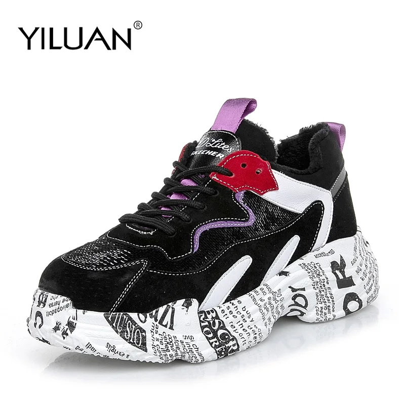 

YILUAN 2019 Spring Autumn Bling flat Sneakers Women Leather Shoes Chunky platform Shoes Running Shoes For Women Mixed Colors