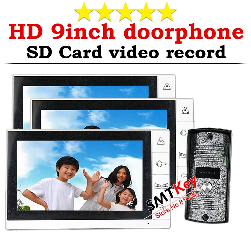 3t1 (3 шт. монитор + 1 шт. камеры) 9 дюймов SD карты видео Запись видеомонитор Цвет домофон