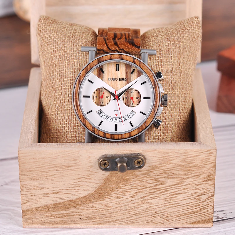 BOBO BIRD Wooden Men Watch Stainless Steel Waterproof Wristwatch with Date and Multiple Time Zone reloj hombre Men's Gift W-R06