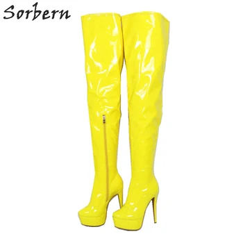 

Sorbern Bright Yellow Over The Knee Boots For Women High Heel Platform Stilettos Winter Style Mid Thigh High Boot Female Shoes