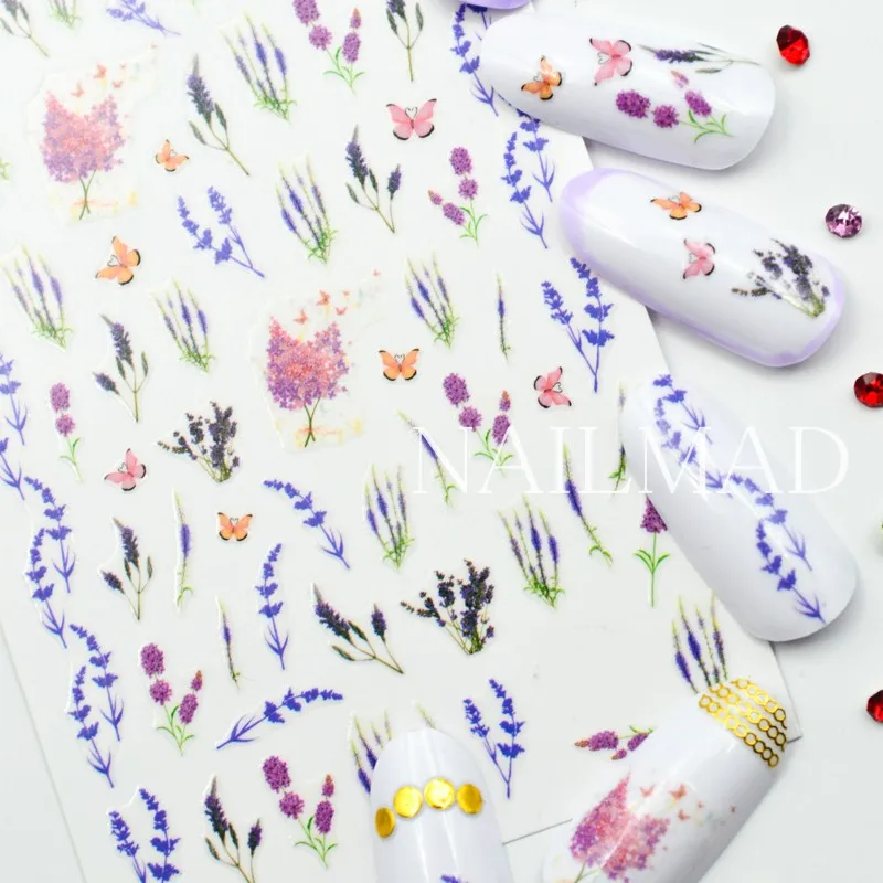 1 лист ногтей MAD Lavender Blossom наклейки для ногтей высушенный цветок для ногтей искусство Клей 3D наклейки