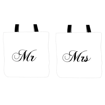 

Mr. Mrs Printed Tote Bags Two Pieces Double Sided Printing Handle Shopping Canvas Bag For Couple Lovers Valentine's Day Gift