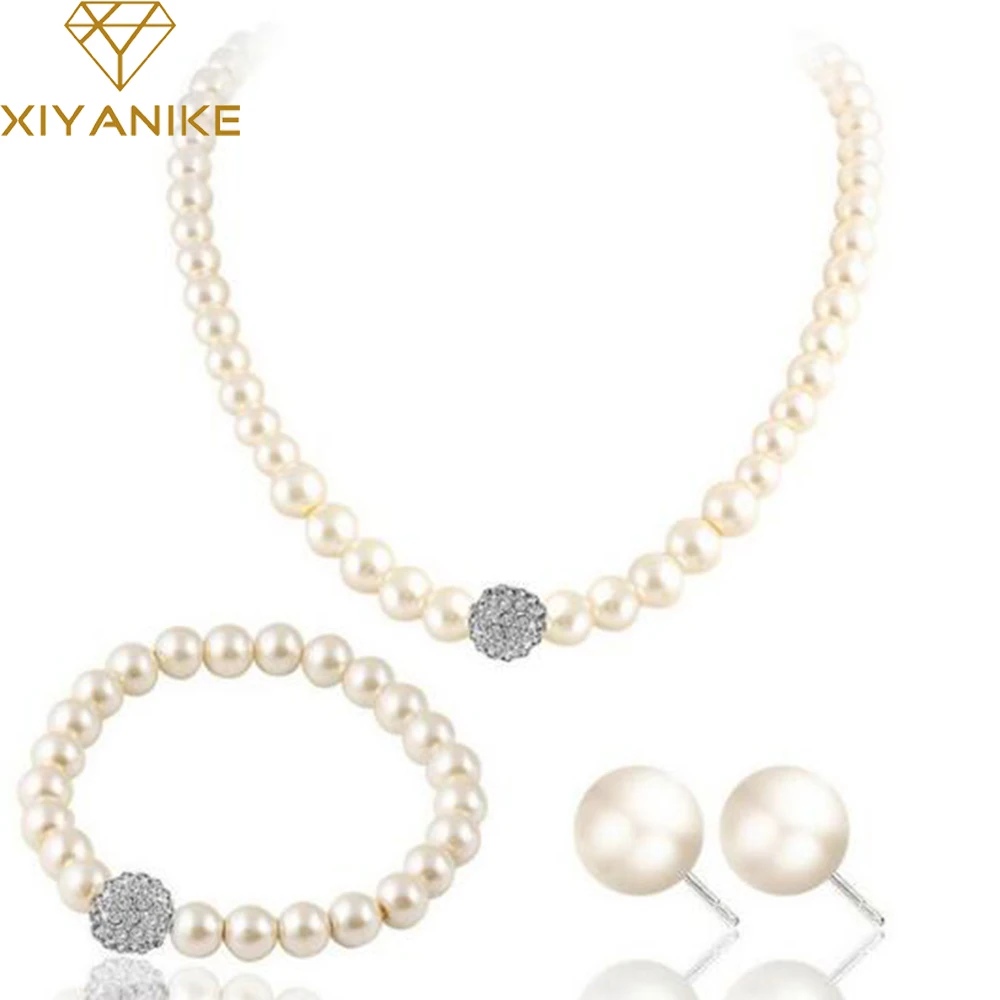 

XIYANIKE 2017 Fashion Bridal Jewelry Sets Simulated Pearl Wedding Earrings Crystal Necklace Party Beads Bracelet Accessories N49