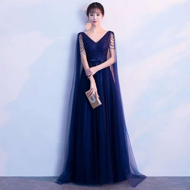 

Real Image Navy Blue Evening Dress Long 2019 V Neck Elegant Tulle Evening Dresses Vestido De Festa Longo