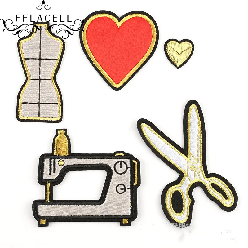 

FFLACELL Sewing Machine Scissors Heart Embroidery Patch for Clothing Sew on Stickers Sewing Applique Biker Patches Badges
