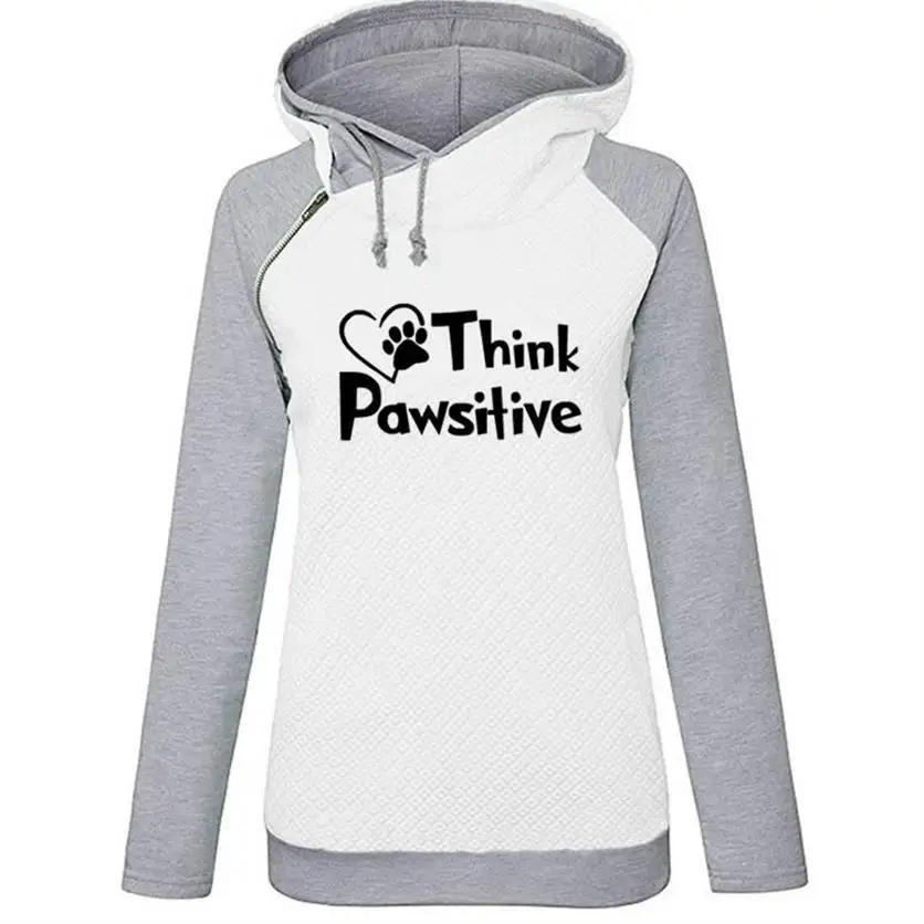 Zipper Decoration Hoodies For Women Think Pawsitive Letters Print Sweatshirts Kawaii Hoodies Women Tops Pockets Printing Loose