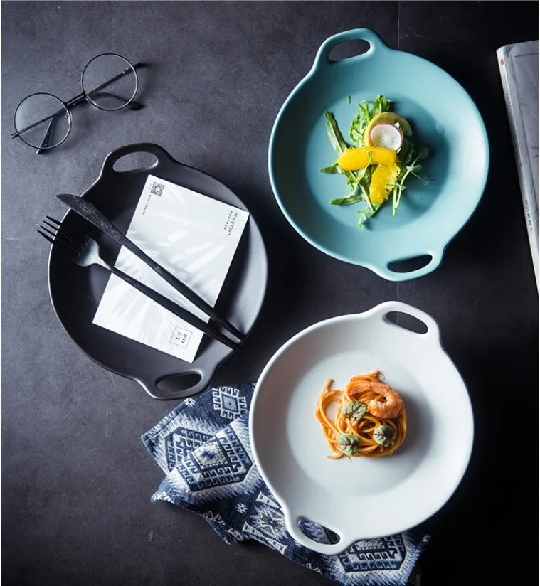 Direct marketing creative Nordic ears round baking matte matte glaze ceramic salad Western plate ins net red plate cutlery set