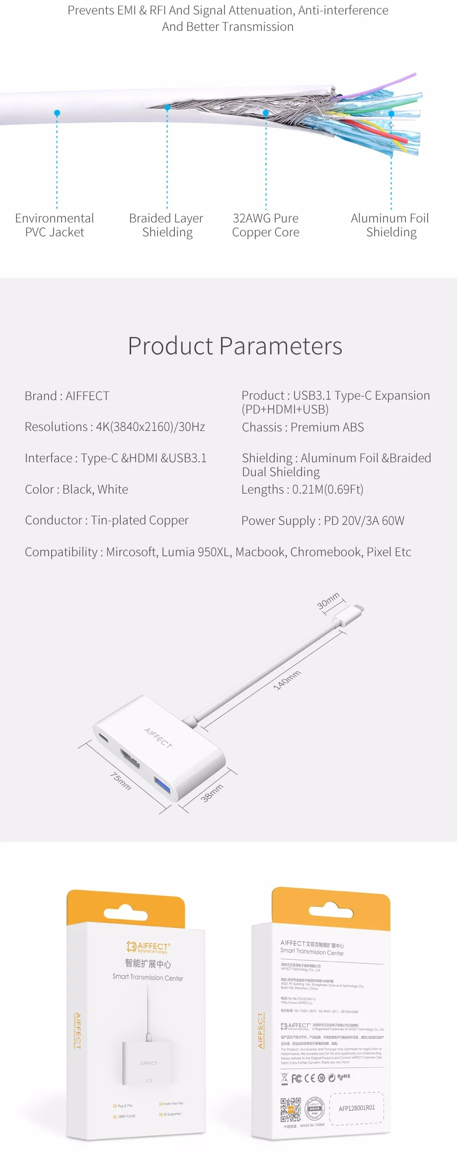 AIFFECT Тип C USB 3,1 концентратор HDMI Женский зарядное устройство адаптер Поддержка 4 к для Apple Macbook 12 дюймов и Google Chromebook Pixel