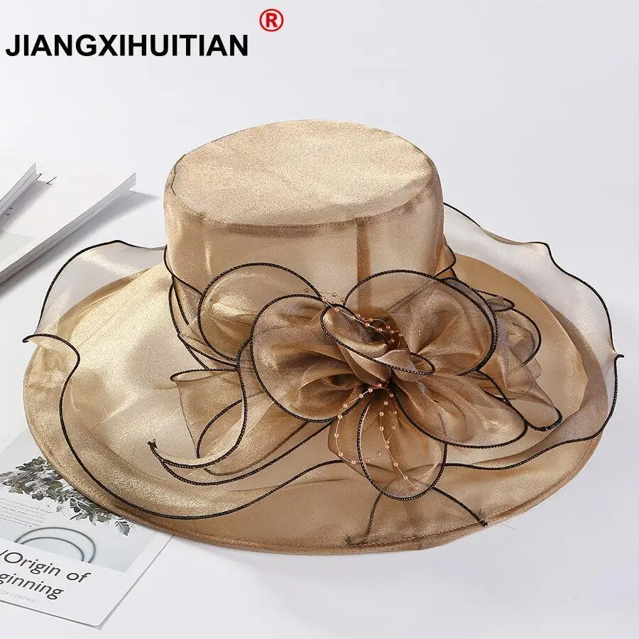 

Luxury Women Summer Hats Organza Brim Sun Hats Wide Brim Derby Wedding Church Fascinator Hats Ladies Floppy Bucket Hats