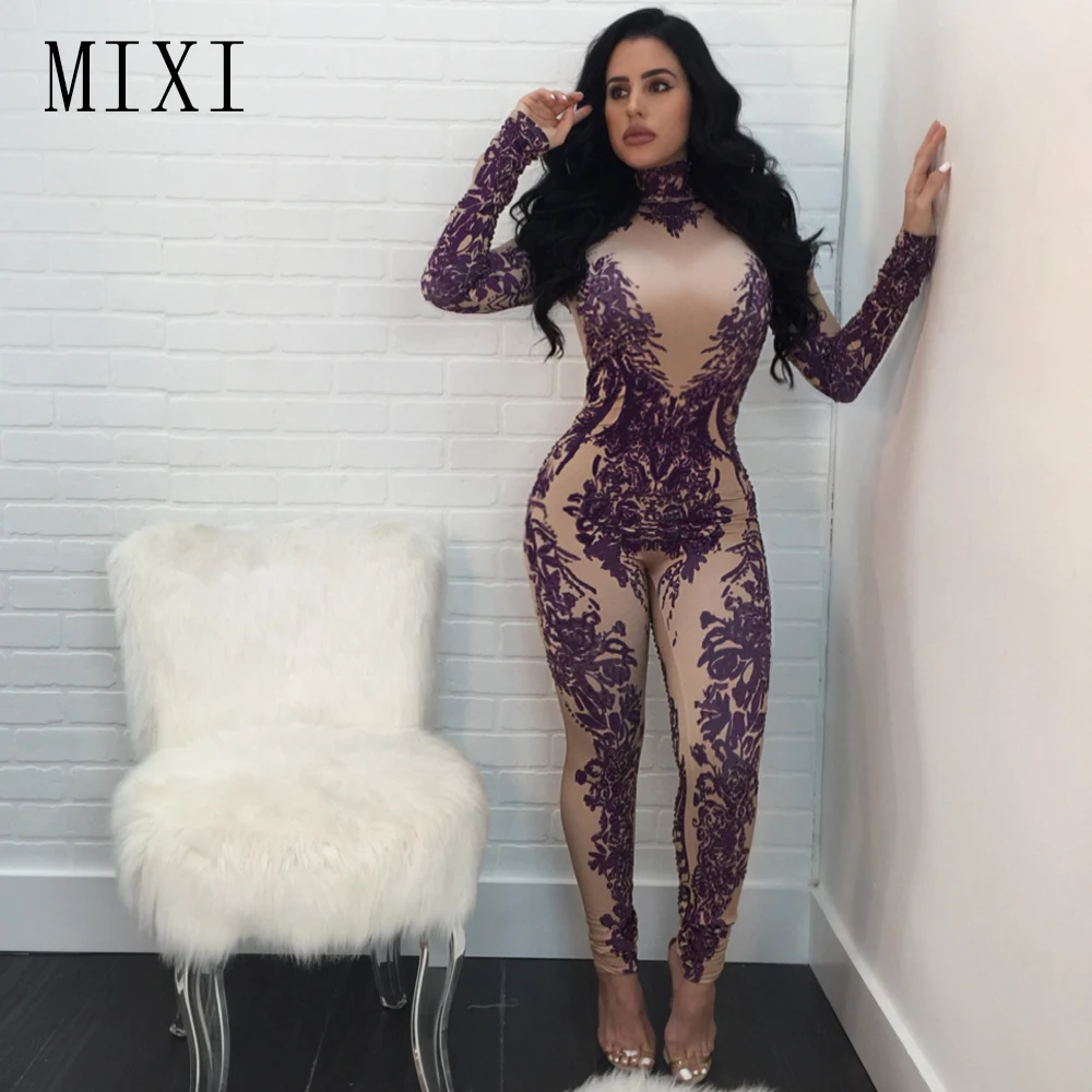 MIXI Winter Vintage Printed Jumpsuits Turtleneck Long Sleeve Night Club Rompers Womens Jumpsuit Skinny Long Pants Party Overalls