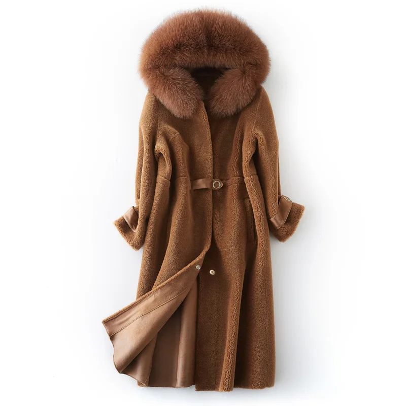 AYUNSUE Натуральная Шерсть Стрижка овец куртка женская зимняя шуба натуральный Лисий мех с капюшоном Длинная Верхняя одежда Пальто BF231098