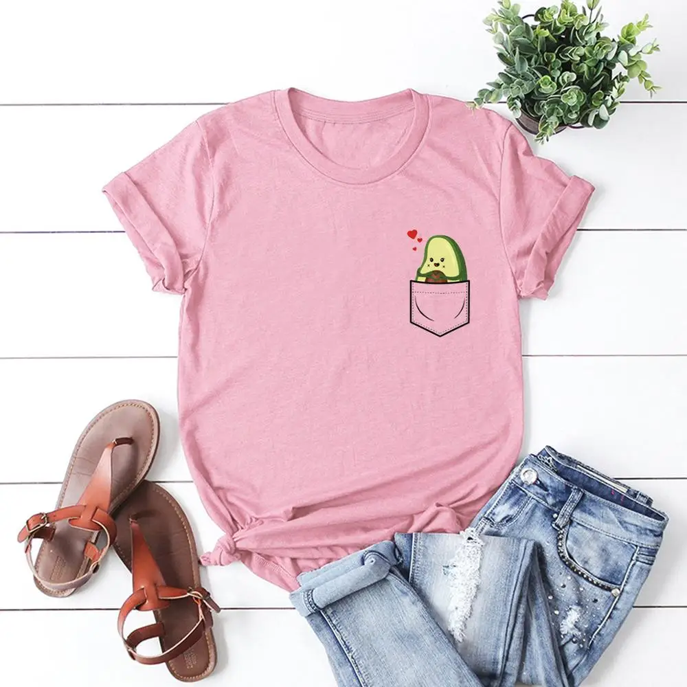 

SINGRAIN Pocket Avocado Women T-shirt Summer Lovely Cartoon Basic Tops Casual Short Sleeves Oversized Cute Vegan Cotton t shirt
