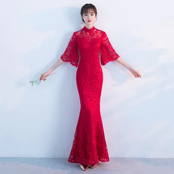 

New Red Cheongsam Mermaid Wedding Dress Chinese Traditional Wedding Dress Lace Qipao Summer Women Sexy Flowers Bride Traditions