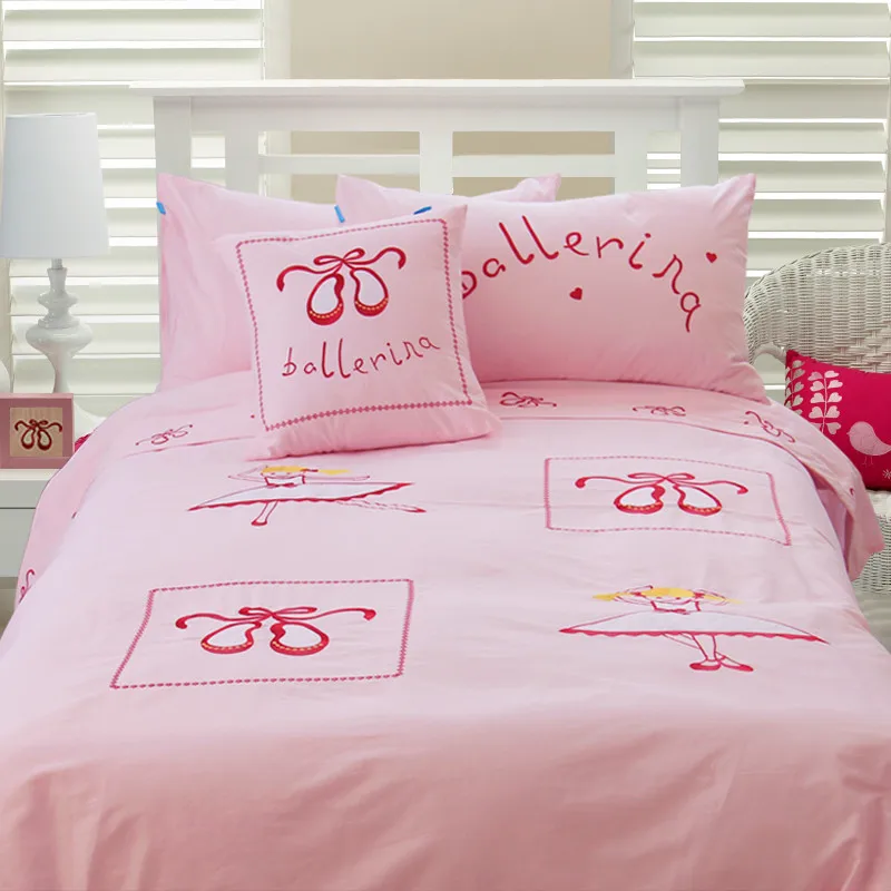 

Free shipping 100%cotton ballet girl children cartoon embroidered princess girl 3/4pcs pink bedding set twin/full/queen size