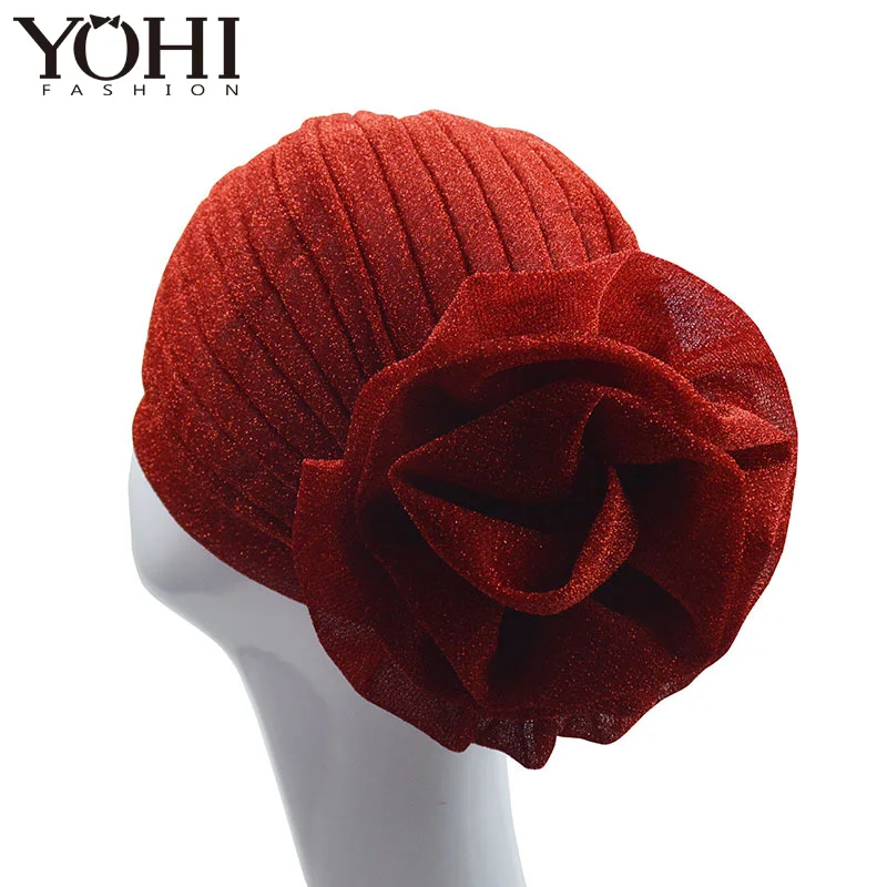 New luxurious Muslim headgear with bright silk and large flowery India hat Women turban scarf Head wrap Turbante