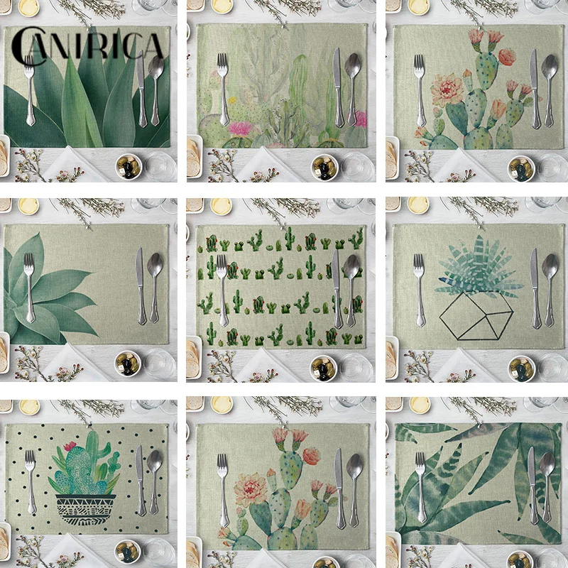 

CANIRICA Dining Placemat Linen Kitchen Accessories Table Mat Tropical Tableware Pad Pads Green Cup Bowl Coaster 30*40 Home Decor