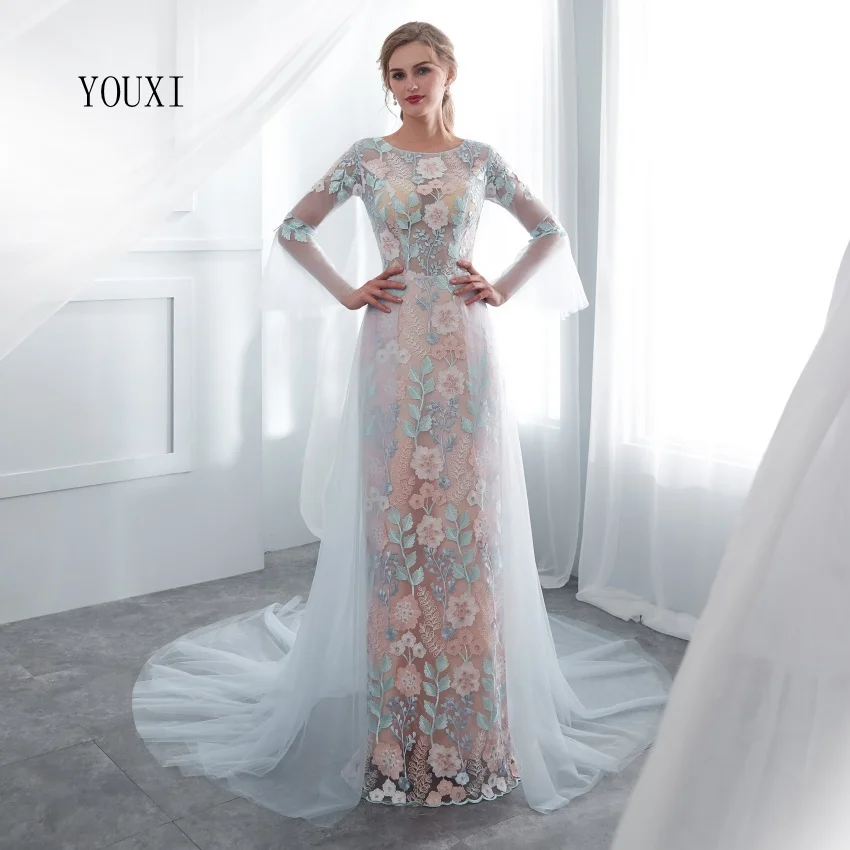 Floral Lace Long Sleeve Prom Dresses 2019 YOUXI New Arrival A-line Blue Long Evening Gowns Vestido De Formatura