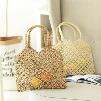 

New hand-woven hollowwork straw bag paper rope grid without lining woven beach bag