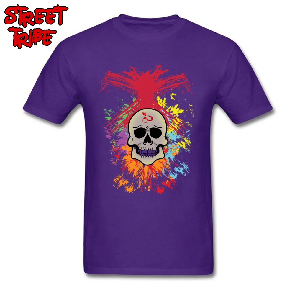 Colorful Skull Tshirts Special Short Sleeve Casual 100% Cotton O-Neck Men Tops Shirt Fitness Tight Tshirts Summer Fall Colorful Skull purple