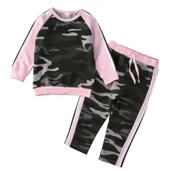 Комплект камуфляжной одежды для маленьких девочек из 2 предметов, футболка с длинными рукавами Топы + штаны, леггинсы