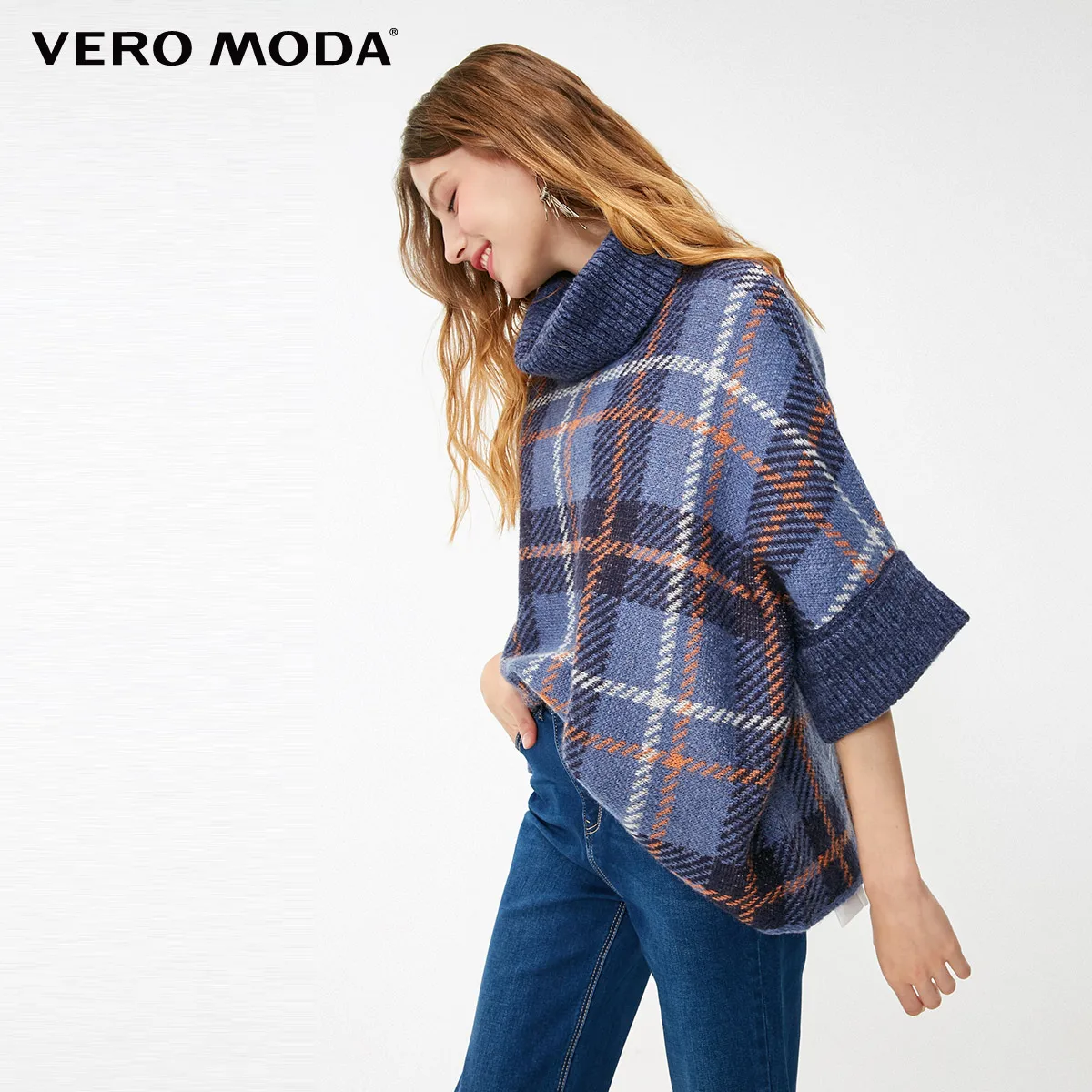 Vero Moda водолазка свитер женский свитер женский женский шерстяной мохеровый свитер с рукавами «летучая мышь», свободный крой, с высоким воротником, уличная одежда, клетчатый свитер | 318413616 - Цвет: Bijou blue