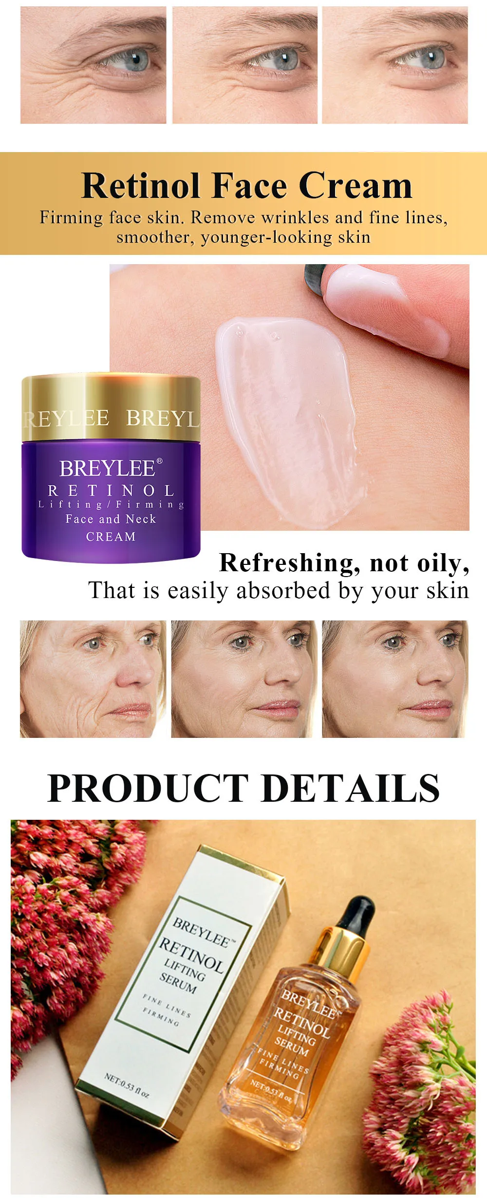 BREYLEE Retinol, антивозрастной укрепляющий набор, сыворотка для лица, крем для лица, крем для глаз, для удаления тонкой линии морщин, увлажняющий, подтягивающий уход за кожей