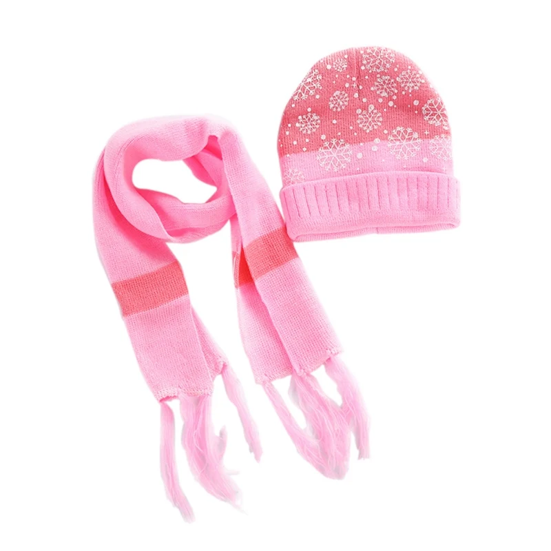 ROPALIA Two-Piece Set Christmas Children Snow Printed Beanie Hat Striped Scarf Neck Wraps Girl Boy Holiday Headwear Accessories