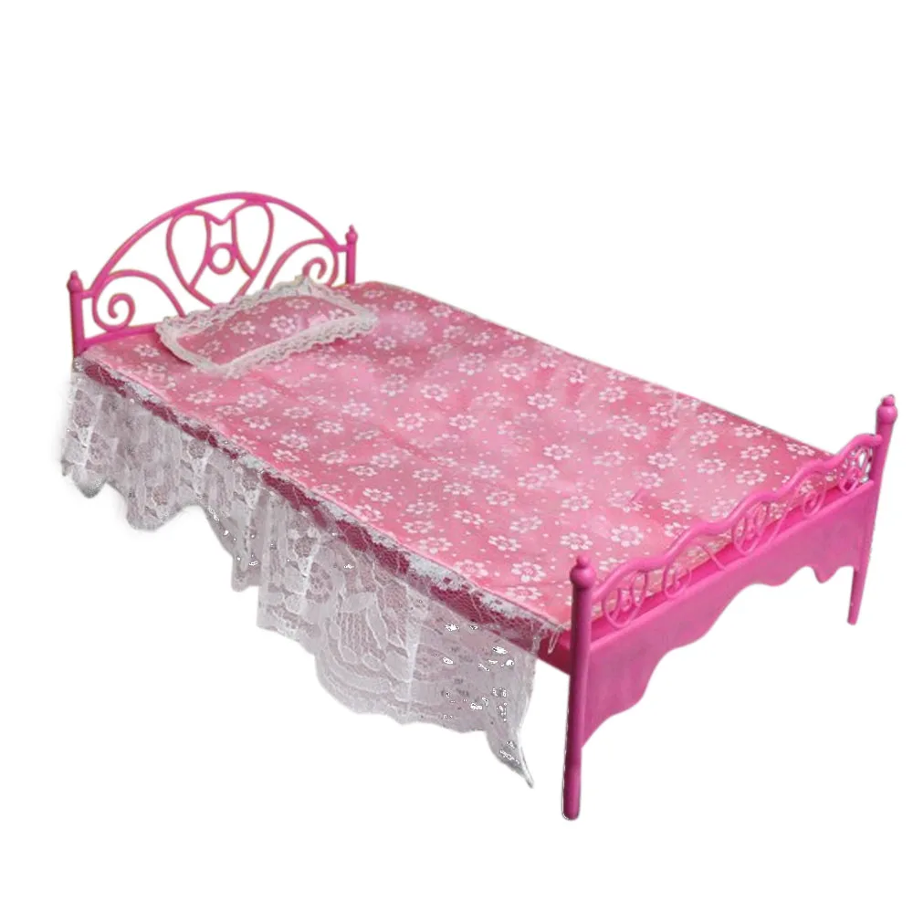 Kids Mini Pink Doll Single Sleep Bed Lace Print Bed Sheet Pillow Bedroom Furniture Dollhouse Accessories for Barbie Dolls Toy Kids Mini Pink Doll Single Sleep Bed Lace Print Bed Sheet Pillow Bedroom Furniture Dollhouse Accessories for Barbie Dolls Toy