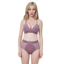 Кружевной беспроводной Ультра тонкий хлопковый бюстгальтер с треугольными чашечками и открытой спиной, Трусики с высокой талией, комплект нижнего белья, женское нижнее белье