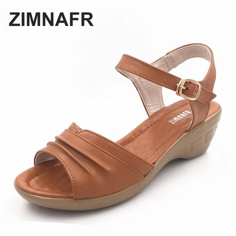 

female sandals 2017 summer genuine leather wedges sandals kipper slope soft breathbale comfortable mom woman's sandals 35-43