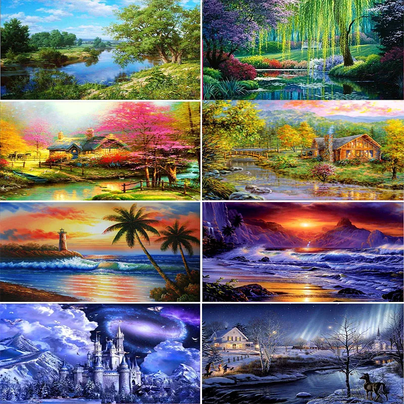 

5D Four Seasons Natural Scenery Cottages pictures diamond embroidery mosaic diamond painting cross stitch home decor handicrafts