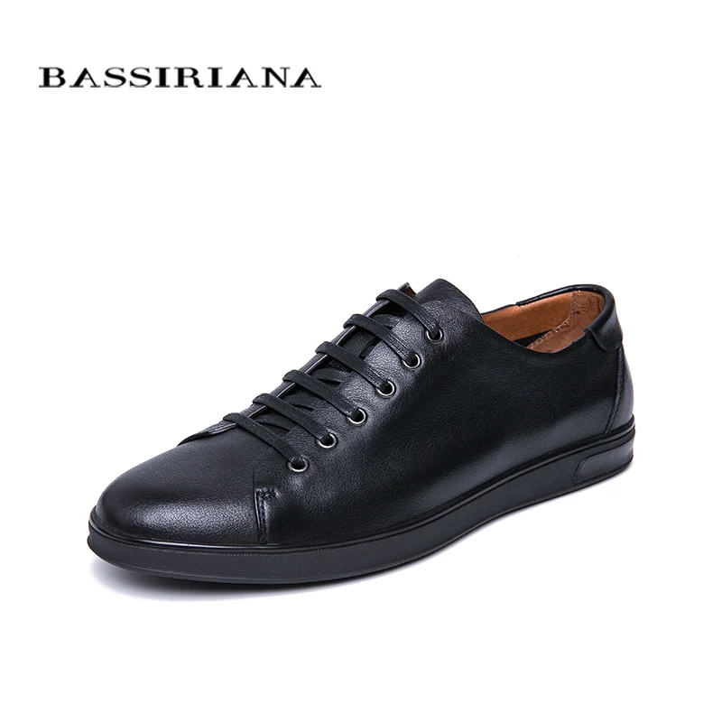 BASSIRIANA/Новинка г. мужская повседневная обувь из натуральной кожи на шнуровке, удобная обувь с круглым носком, весна-осень, размеры 39-45, ручная работа, мягкая подошва - Цвет: black