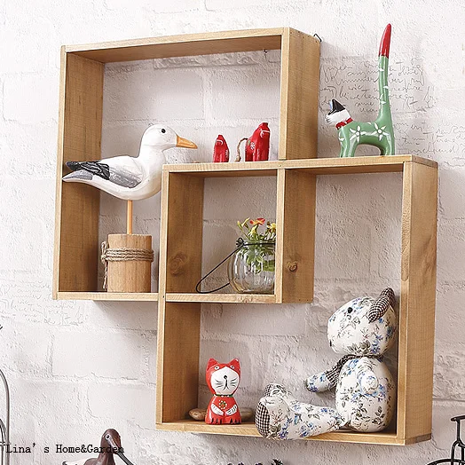 Unique Decorative Vintage Brown Solid Wood Intersecting Wall Shelfwall