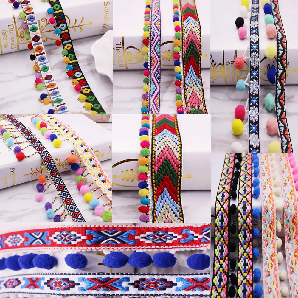 3Yard//Set Embroidered Trim Ribbon 1.2CM Pom Pom Ball Fringe Ribbon Crafts DIY