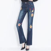 Осень весна женские Стрейчевые расклешенные джинсы с вышивкой, осенние женские отбеленные вышитые расклешенные джинсовые брюки для женщин