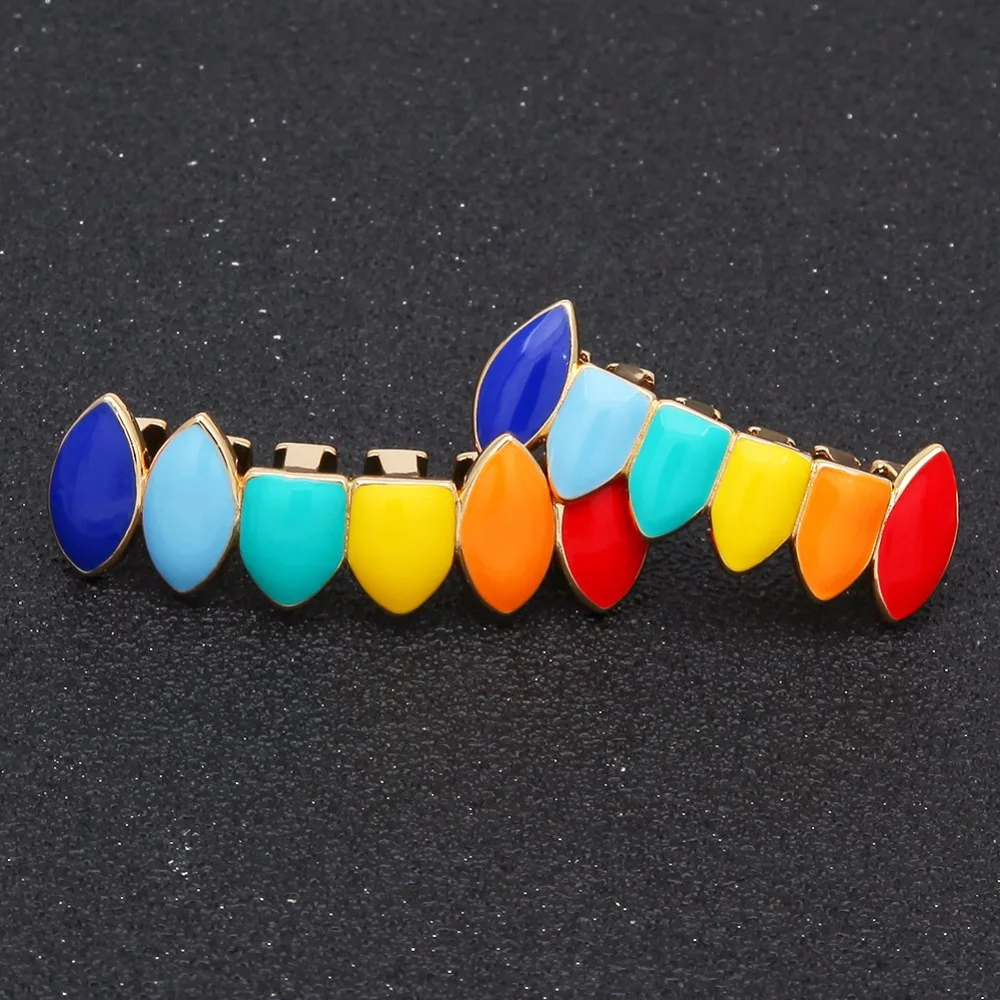 

Hip Hop Rainbow Teeth Grillz Top & Bottom fale Grills Dental Gold Silver color Teeth Caps For women men Halloween body Jewerly