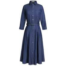 Элегантный дизайн летнее платье для женщин элегантный Turn-Down Воротник Половина халат с рукавами Повседневное длинное джинсовое платье