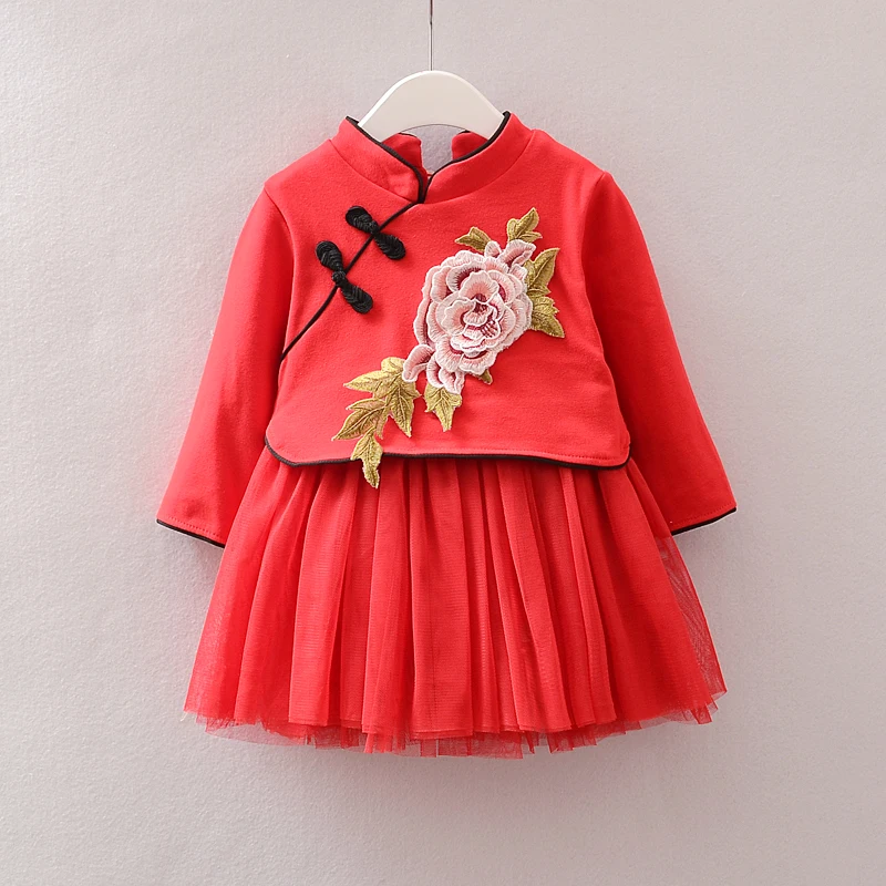 

2019 Spring Fall New Girls Cheongsam Kids Long Sleeve Embroidered Princess Dresses 1-5 Years Old Children's Gauze One Piece D113