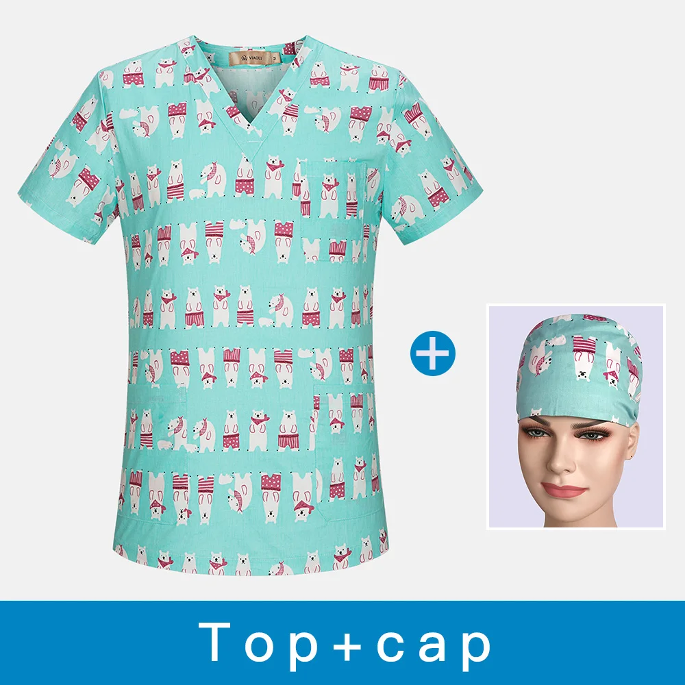 Breathable Scrub clothes V-Neck Hospital Nurse Scrub Tops Women cartoon Printing Surgical Medical Uniforms for Women wholesale