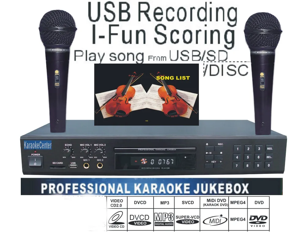 

MIDI /DVD Karaoke Player/Recorder system with songs DVD/DviX/VCD ,Play song from USB /SD card/Disc