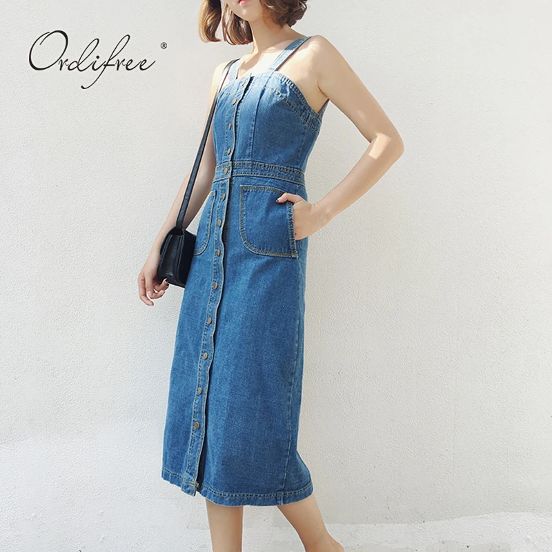

Ordifree 2019 Summer Women Denim Sundress Casual Jeans Dress Overalls Blue Strap Sexy Long Denim Dress