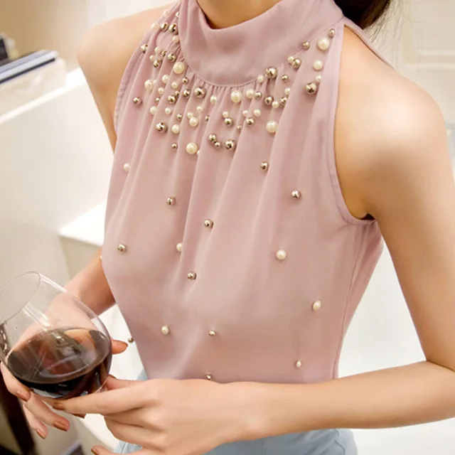 

Chiffon Sleeveless Beads Pearl Women's Shirt Turtleneck Bowtie Cold Shoulder Pleated Feminine Blouse 2019 Summer Fashion Shirts