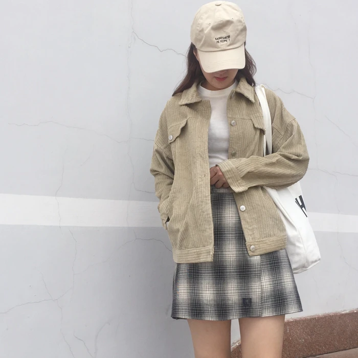 buy  Short Design College Wind Loose Causal Solid Corduroy Long Sleeve Female Jackets
