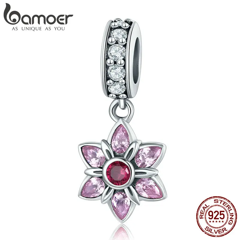 BAMOER 100% 925 Sterling Silver Pendant Pink Crystal Spring Flower Pink CZ Charm fit Charm Bracelet & Necklace Jewelry SCC840 BAMOER 100% 925 Sterling Silver Pendant Pink Crystal Spring Flower Pink CZ Charm fit Charm Bracelet & Necklace Jewelry SCC840