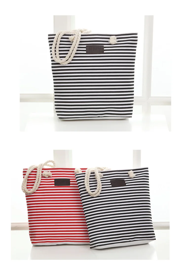 ZYJ Female Striped Canvas Shoulder Casual Tote Bag Pack Drawstring Hemp Rope Handbag Shopping Hand Bucket Grocery Beach Bag (23)