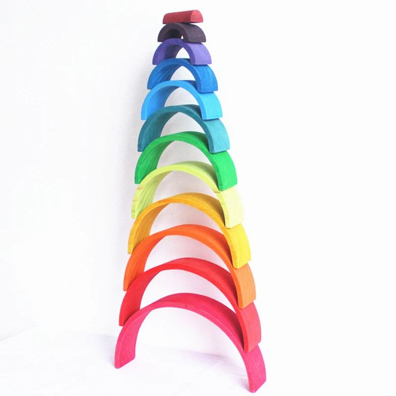 Large Size Wooden Rainbow Blocks Montessori Wood Rainbow Construction Assembling Blocks Creative Balancing Game Toys