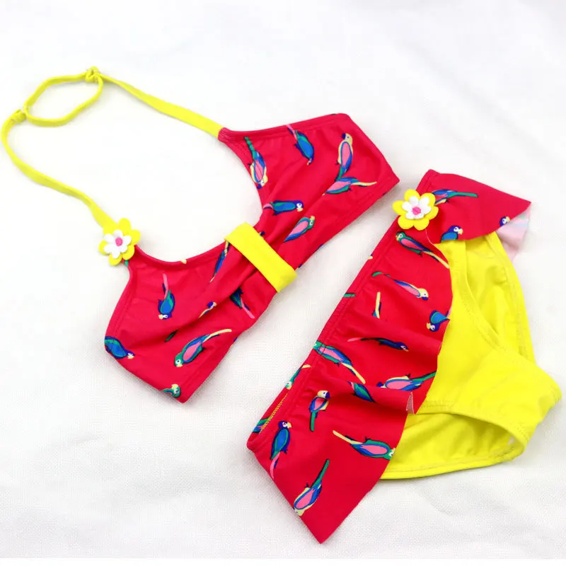fashion designer 2016 new girl bird printing split triangle red swimwear