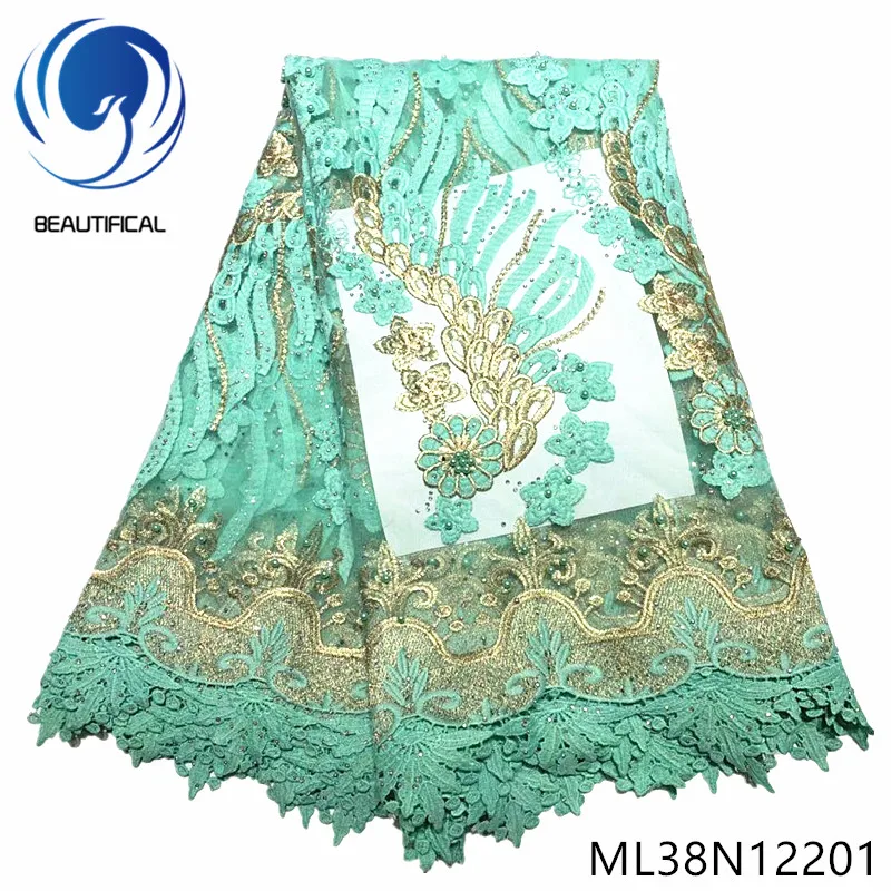 

Beautifical african lace fabrics Cyan net lace with stones /beads 2019 New design embroidery french lace cord lace ML38N122